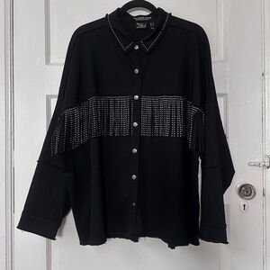 Women With Control Studded Fringe Black‎ Jean Jacket Shacket Country Western